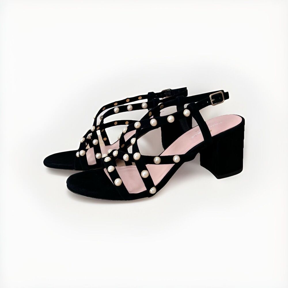 Kate Spade Wynne Black Suede Pearl Embellished Block Heel Sandals Women's Sz 7.5 - Picture 5 of 11